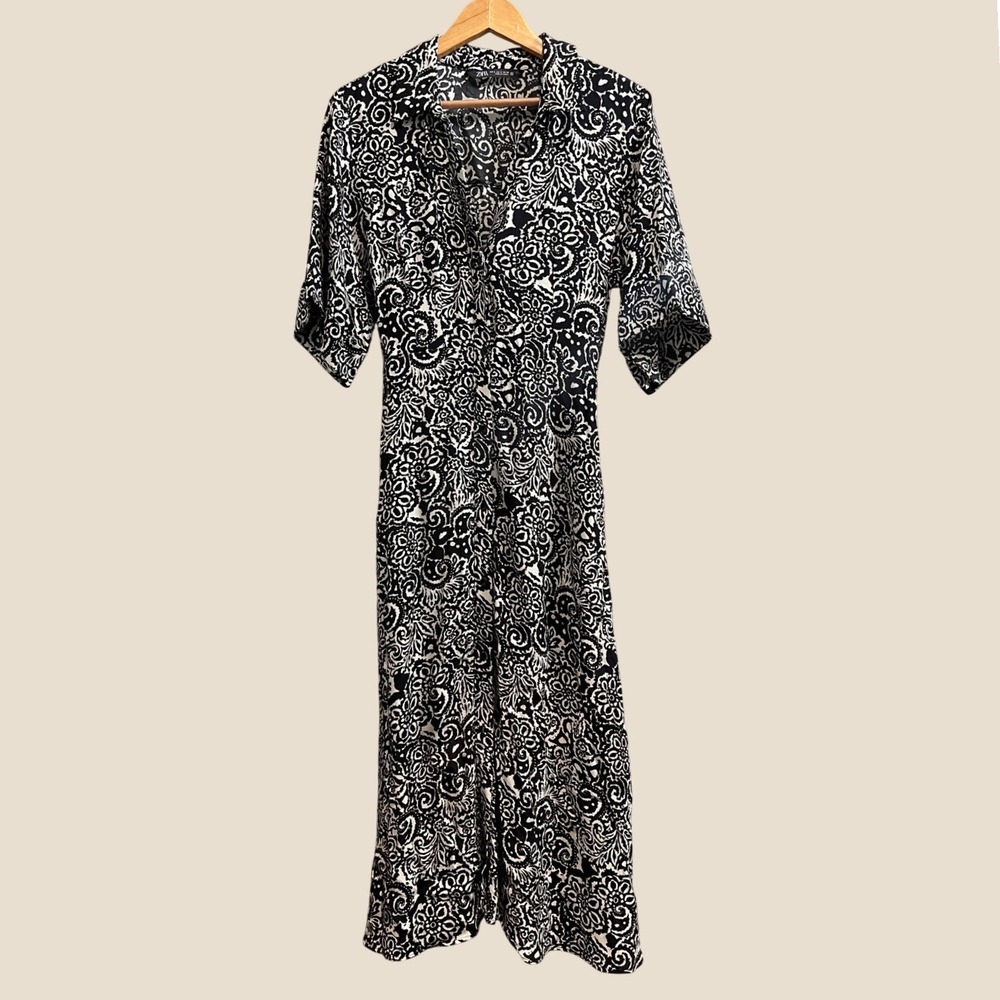 Zara Midi Dress Womens Small Black White Paisley Floral Button Front Collared